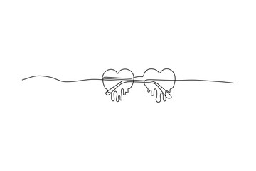 Single-line drawing of heart-shaped sunglasses with drips, minimalist style Simple, stylish, and artistic
