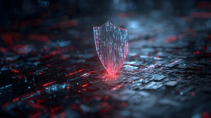 A digital shield symbolizing cybersecurity, glowing red against a dark, high-tech background filled with circuits.