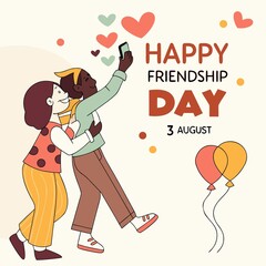 Cartoon illustration of friends taking a selfie for happy friendship day with balloons and hearts