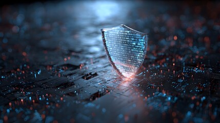 A glowing digital shield represents cybersecurity on a futuristic background filled with binary code and circuitry.