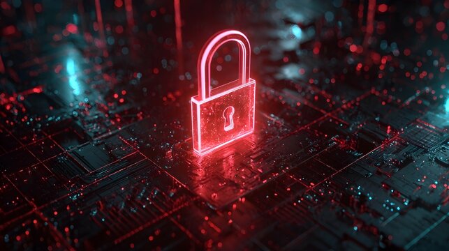 A glowing red holographic padlock symbolizing digital security on a circuit-like background.