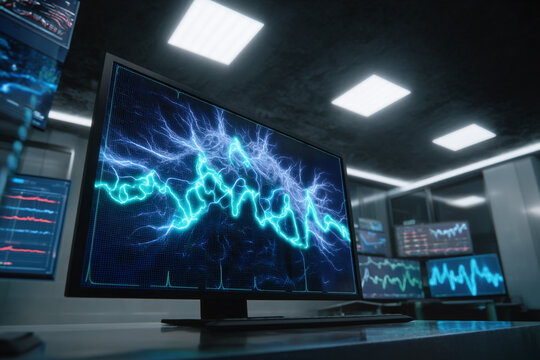 Monitors displaying data in a control center - Powered by Adobe