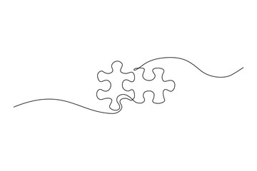 A continuous, single line art illustration of two puzzle pieces intertwined Illustrates connection