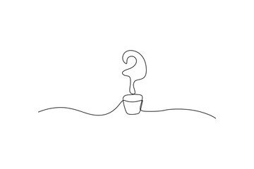 A minimal one-line drawing of a pot with a question mark sprouting, on a wavy line Pure white background