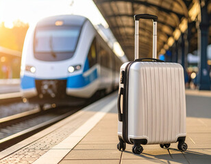 Suitcase on Train Platform at Sunrise