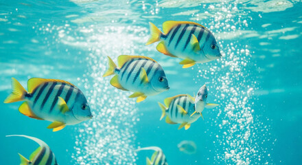 Tropical fish swim underwater. Marine life aquatic creatures in vibrant style. Ocean travel tourism diving conservation. Bright aqua background photo