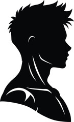 Muscular man silhouette, side profile pose, spiky hair style, black and white design, fitness strength concept