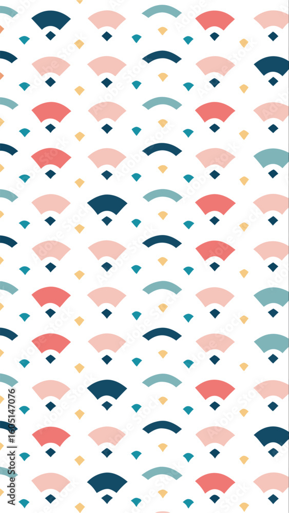 Poster Charming japanese fan pattern with delicate colors and subtle dots creates a whimsical and elegant textile design