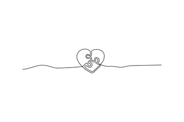 A single continuous line art piece, a heart shaped puzzle with two pieces missing