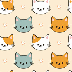 Seamless pattern of cute cat faces in various colors
