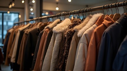 Obraz premium Close-up of Winter Coats and Jackets on Hangers
