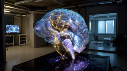 Holographic brain projection in dark room view