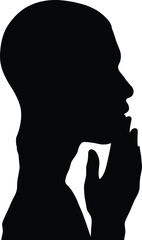 Silhouette of thoughtful person, hand on chin, deep contemplation, introspective pose, isolated on white background, reflection