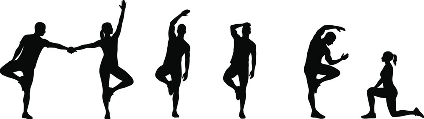 Silhouette yoga poses, balance and flexibility, fitness and wellness, group exercise, healthy lifestyle, black white illustration