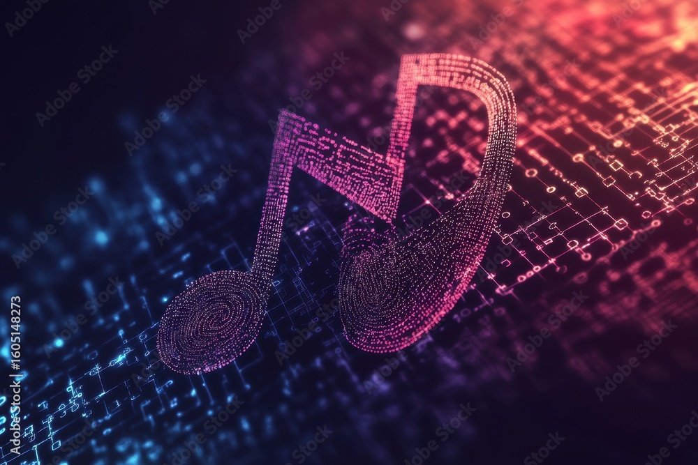 Fototapete Digital music logo design featuring a coded symbol representing creativity and innovation, Music logo, design consisting of digit code and symbol Abstract music icon in computer network