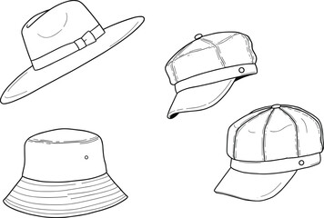 Stylish hat set CAD drawing, flat vector illustration, fedora, bucket, baseball, and flat cap, fashion accessory sketch, headwear design