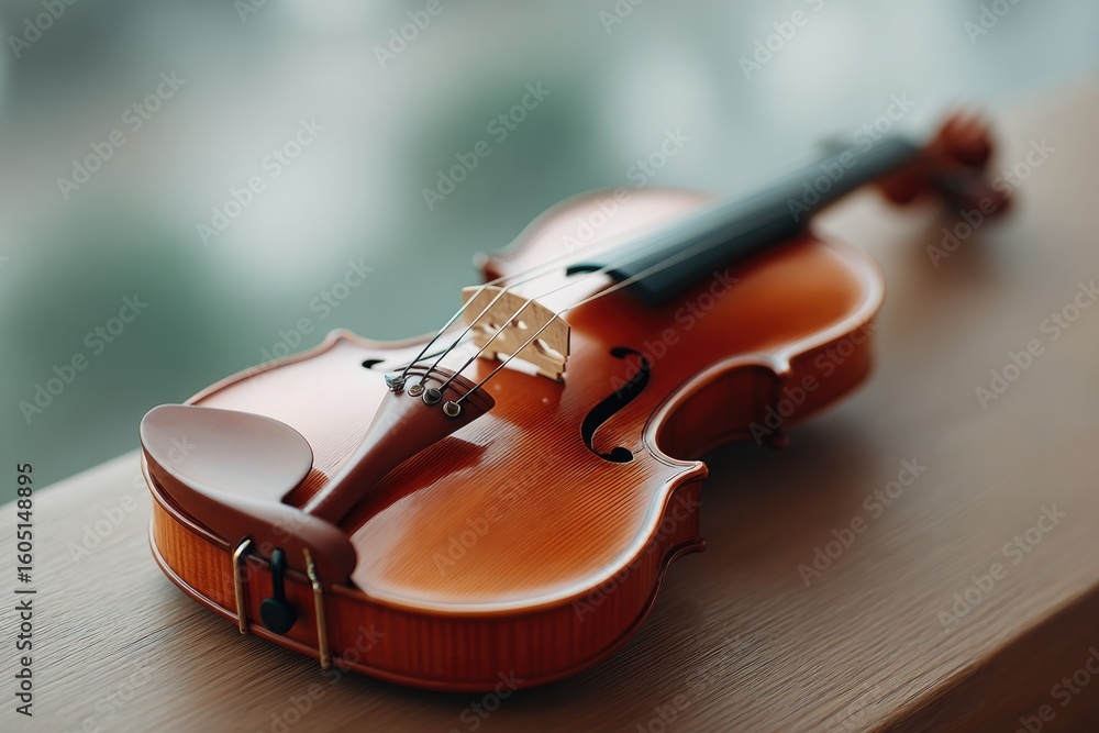 Poster lone violin resting on simple wooden table bathed in soft natural light encapsulating musical emotio