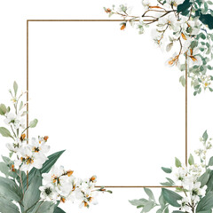 Square floral frame with white blossoms, green leaves, and golden border on a white background, perfect for wedding stationery, cards, and minimalist invitations.
