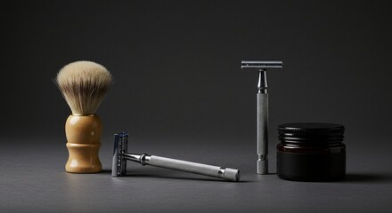 A sleek arrangement of shaving essentials: razors, brush, and balm set against a dark, minimalist backdrop.