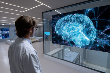 Doctor viewing brain scan on futuristic screen