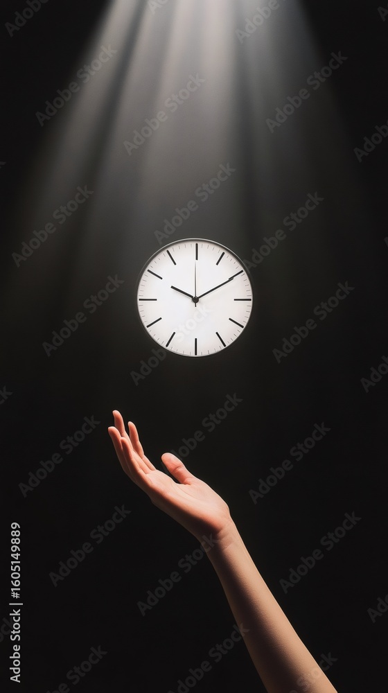 Poster hand reaching for a floating clock in a dark room illuminated by beams of light, symbolizing time ma
