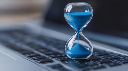 Blue sand flows through an hourglass resting on a laptop keyboard, representing the passage of time and the pressure of impending deadlines in a fast paced work environment