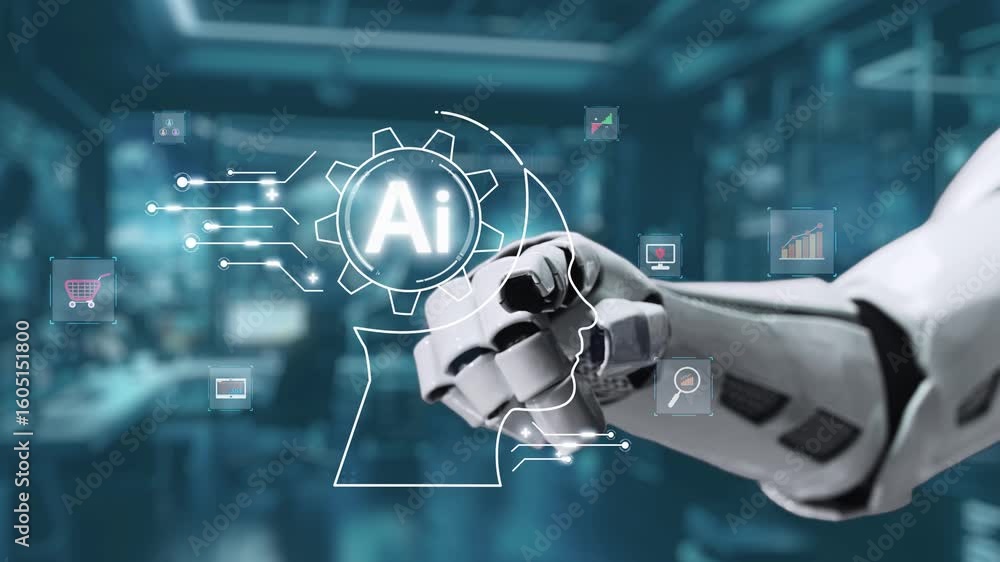Poster a sleek robotic hand is poised to interact with artificial intelligence symbols and data graphs, dep