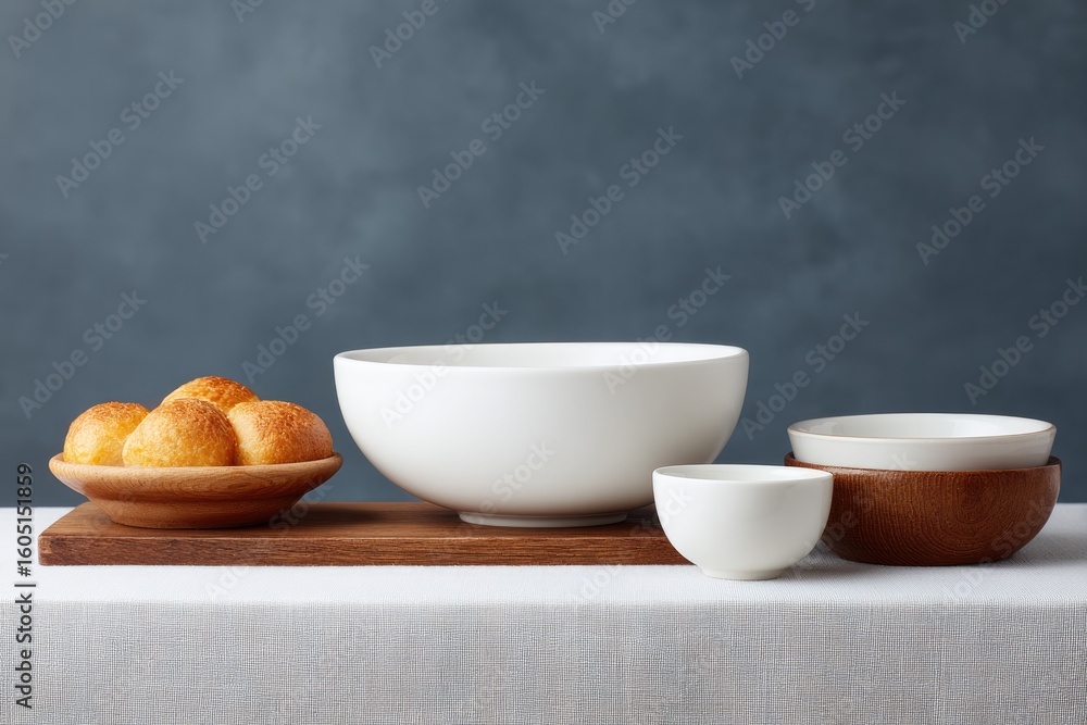 Poster minimalistic new year dinner scene with tidy array of traditional dishes set elegantly on white tabl