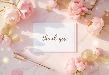 Horizontal layout of THANK YOU postcard in gentle pink and gold tones. Delicate flowers add a special sophistication to the postcard. Copy space. Postcard, template, layout, gratitude, thank you, card