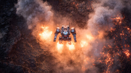 Fototapeta premium Futuristic Robot Launch: Sci-Fi Power Ascent Amidst Lava and Sparks