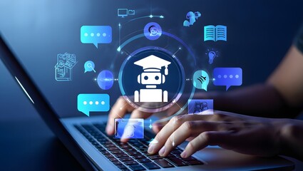 AI-powered teaching solutions. Intelligent tutoring systems and personalized learning. Man using laptop computer to learn with artificial intelligence tutor.