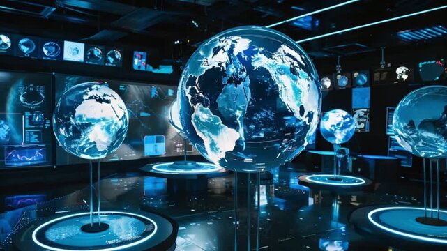 Futuristic control room with interactive globes