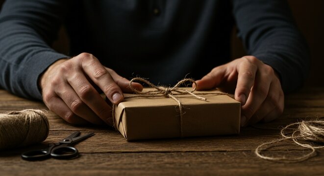 A neatly wrapped package tied with twine on a rustic wooden surface, ready for gifting to someone special.