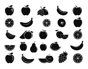 Silhouette fruit icons set: apple, banana, citrus, and more  isolated on transparent background