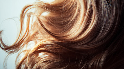 Naklejka premium Lush, wavy hair cascades gracefully against a clear minimalist background, emphasizing natural beauty and movement.