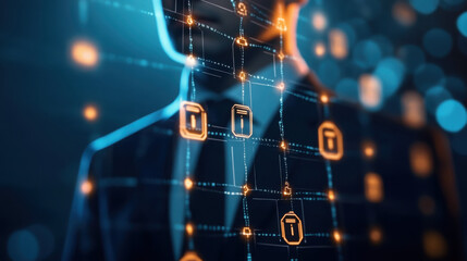 Abstract representation of a person with glowing network and document icons overlayed on the figure