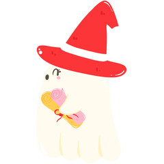 a cartoon ghost wearing a santa hat and holding a book