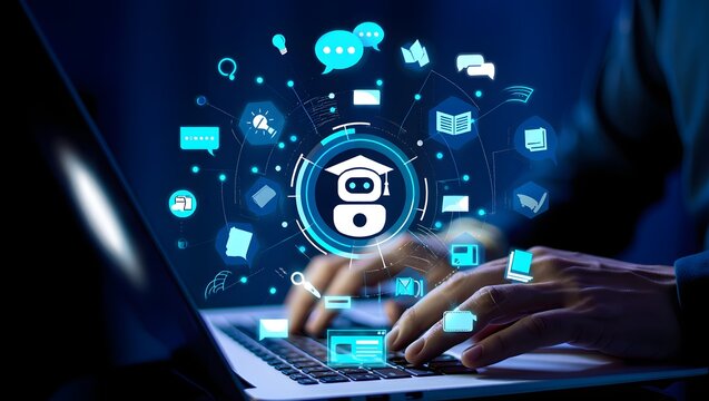 AI-powered teaching solutions. Intelligent tutoring systems and personalized learning. Man using laptop computer to learn with artificial intelligence tutor.