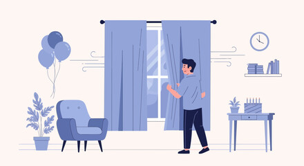 Man Opens Curtains In a Cozy Living Room With Balloons And Birthday Cake