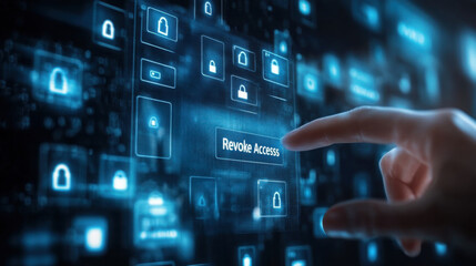 Finger pointing at revoke access button on a digital interface with security icons around it