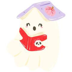 Cute ghost reading a book transparent background. Christmas and Halloween illustration.