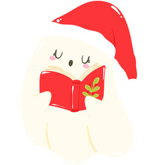 Cute ghost reading a book transparent background. Christmas and Halloween illustration.