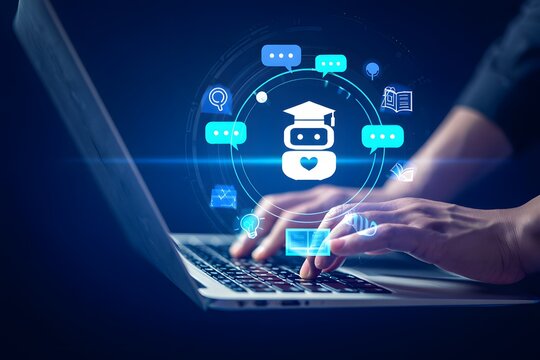 AI-powered teaching solutions. Intelligent tutoring systems and personalized learning. Man using laptop computer to learn with artificial intelligence tutor.