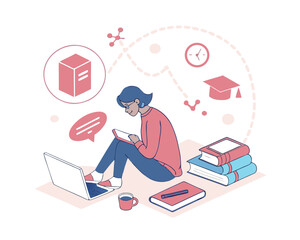 Young Woman Studying Online with Laptop and Books