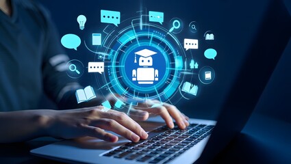 AI-powered teaching solutions. Intelligent tutoring systems and personalized learning. Man using laptop computer to learn with artificial intelligence tutor.