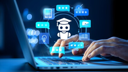 AI-powered teaching solutions. Intelligent tutoring systems and personalized learning. Man using laptop computer to learn with artificial intelligence tutor.