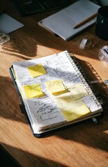 Obraz premium Open notebook with handwritten notes and sticky notes on wooden table