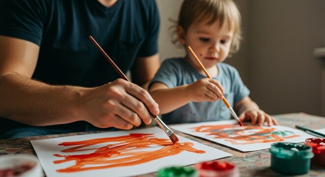 Father and child are painting together, bonding over art and creativity, using colorful paints. - Powered by Adobe