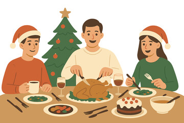 A big family gathers at home for Christmas or New Year, with grandma, grandfather, mom, dad, and child seated at the table enjoying a festive dinner amidst a cozy interior complete with a Christmas