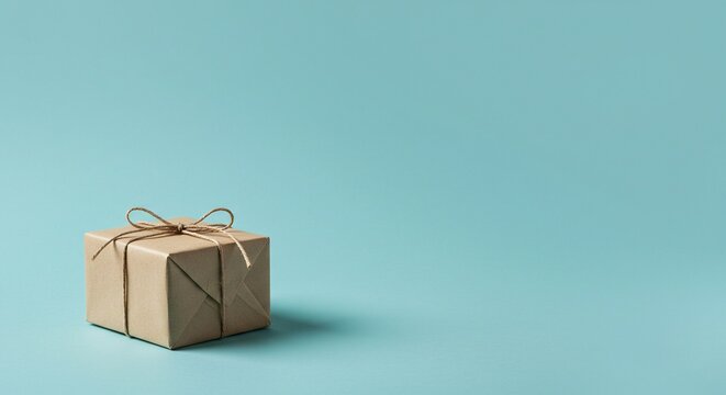 Wrapped package tied with twine on a light blue background with plenty of blank space for text.